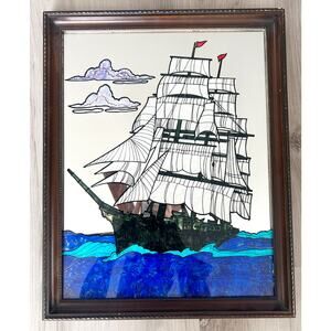 Vintage MCM Reverse Painting CUTTY SARK British Sailing Ship Glass Mirror Framed
